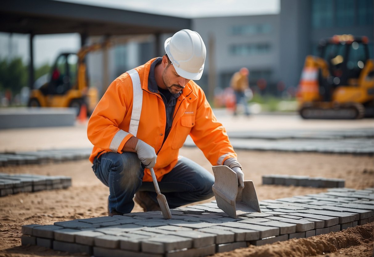 A worker selects and places base material for paver installation, then compacts it using proper techniques