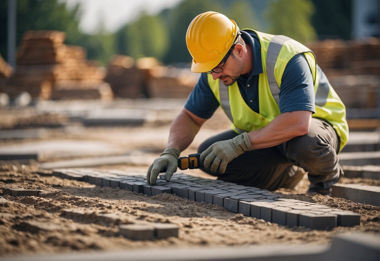 A worker measures and calculates the area for paver installation, with a pile of base material in the background