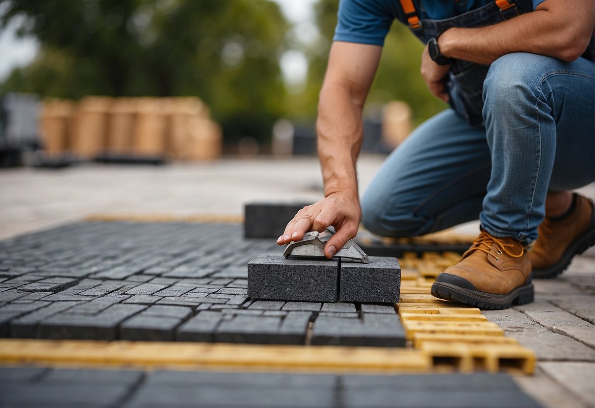 A person measures the area and calculates the amount of base material needed for paver installation. Tools and materials are arranged nearby