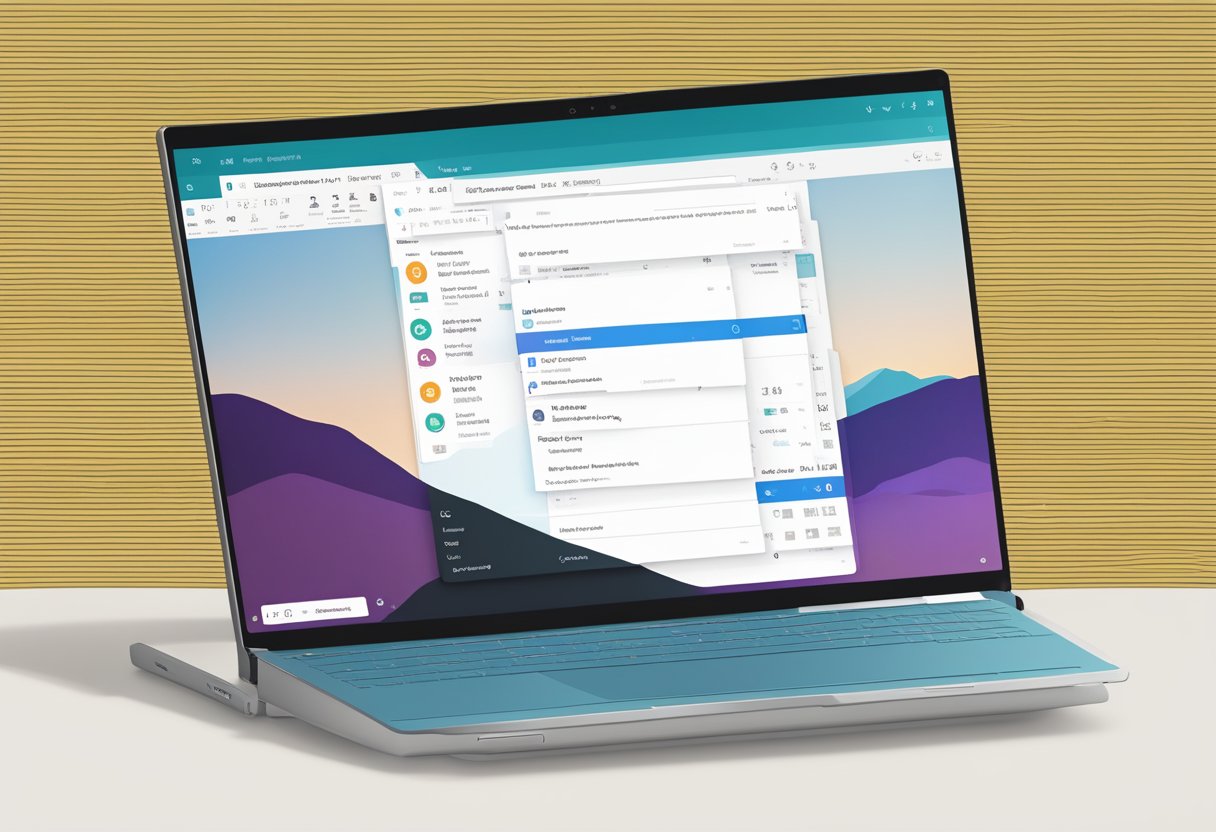 An open laptop displaying the Outlook 365 interface with a search bar and a list of old emails being scrolled through
