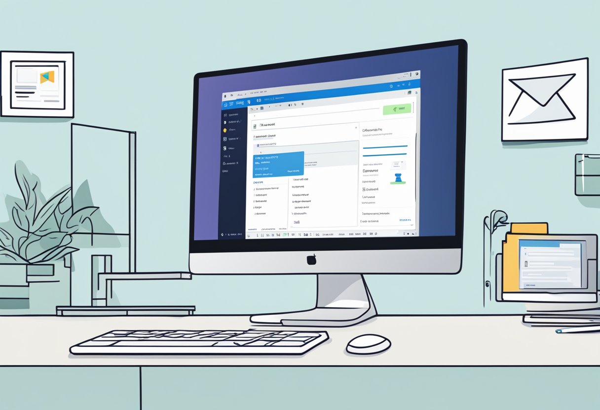 A computer screen with the Outlook interface open, cursor hovering over the "New Email" button, with a dialogue box showing how to add an exclamation mark