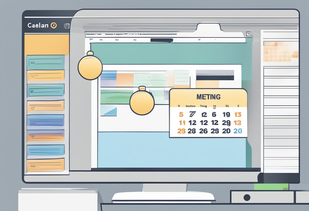 A computer screen displaying a calendar with a meeting highlighted. A cursor hovers over the meeting, and a "duplicate" option is selected from the drop-down menu