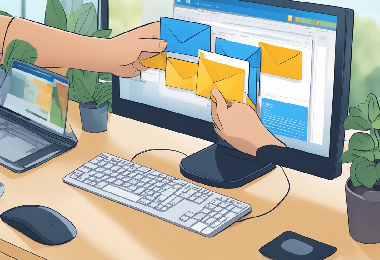 A computer screen displaying the Outlook interface with a shared mailbox being set up. A cursor is seen clicking on the "New Email" button to send an email from the shared mailbox