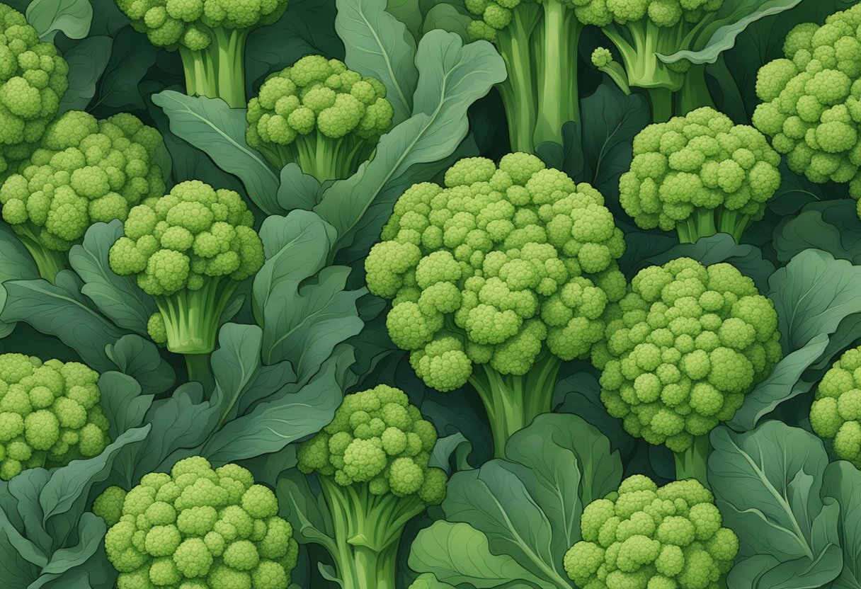 Broccoli forms heads in late spring, with tight clusters of green florets surrounded by thick stems and leaves