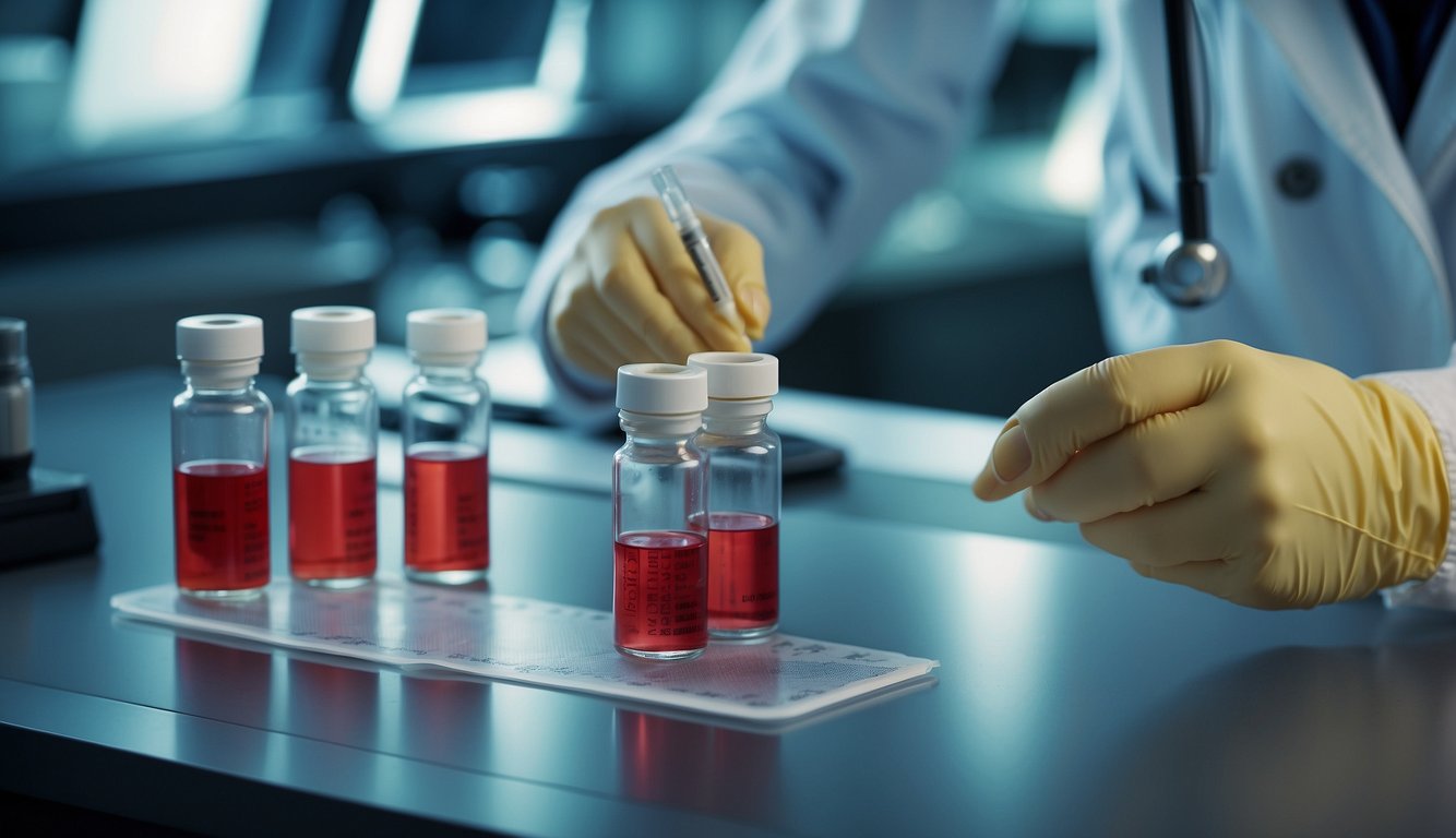 A technician draws blood into vials labeled "Diagnostic Procedures" and "Lipoprotein Little a -Lp(a)" for a lipid panel assessment