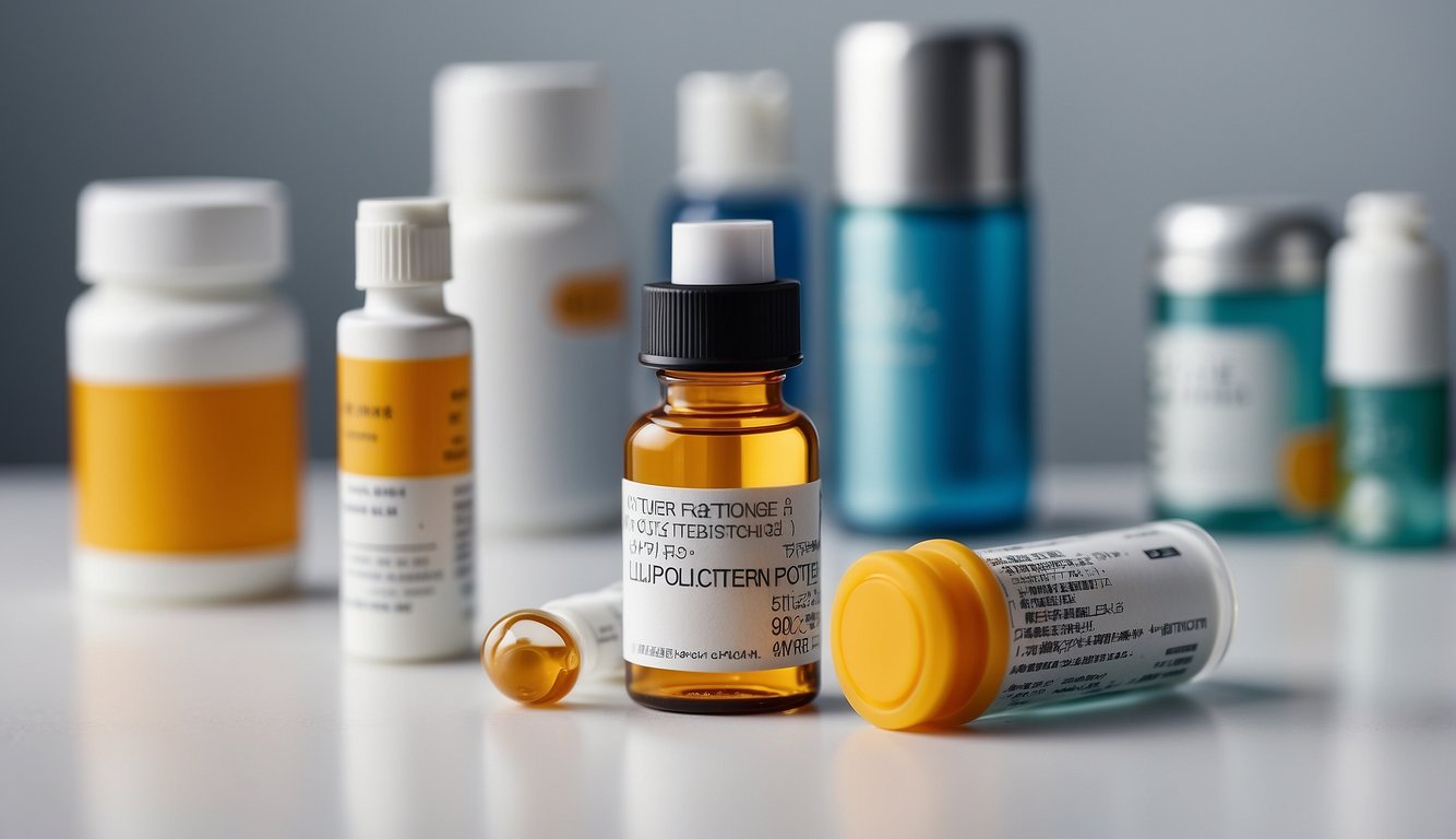 A vial of Lipoprotein Little a medication sits on a sterile white countertop, accompanied by various treatment options and medical tools