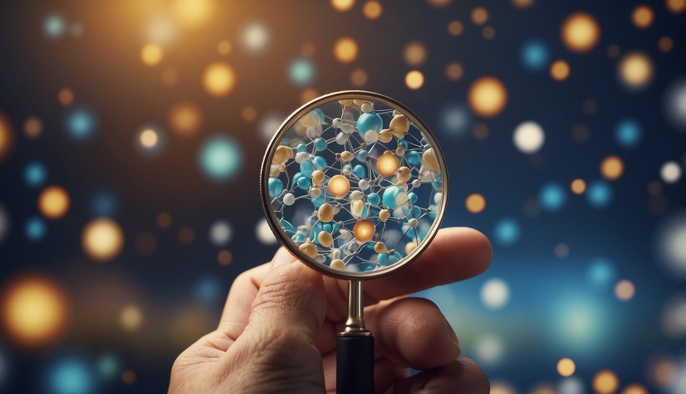 A figure holding a magnifying glass, examining a molecule structure of Lp(a) with a backdrop of diverse special populations