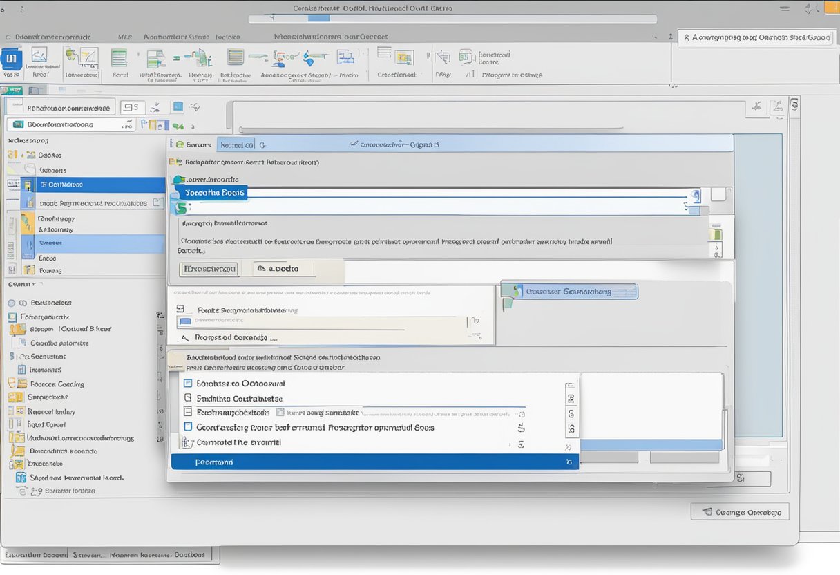 A computer screen displaying the Microsoft Outlook interface with the "Establishing Email Forwarding" and "How to restrict forwarding" options highlighted