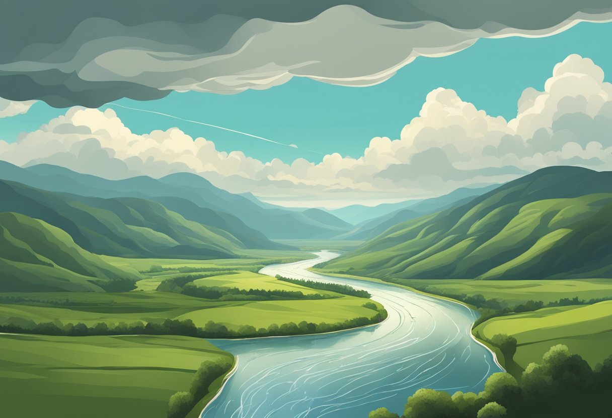 A river flowing through a valley with rain clouds in the sky, indicating potential flooding