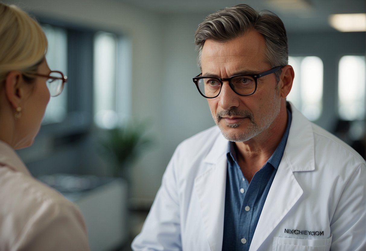 A doctor examines a patient's sunken eyes, discussing treatment options