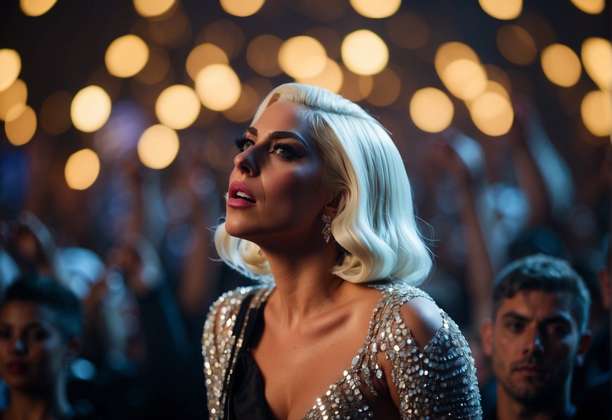 Lady Gaga rises to stardom, surrounded by flashing lights and adoring fans, as she takes the pop music world by storm with her unique left-handed style