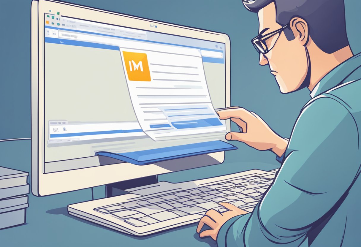 A computer screen displays an empty inbox in Outlook. A frustrated user is typing a search query in the search bar, looking for missing emails