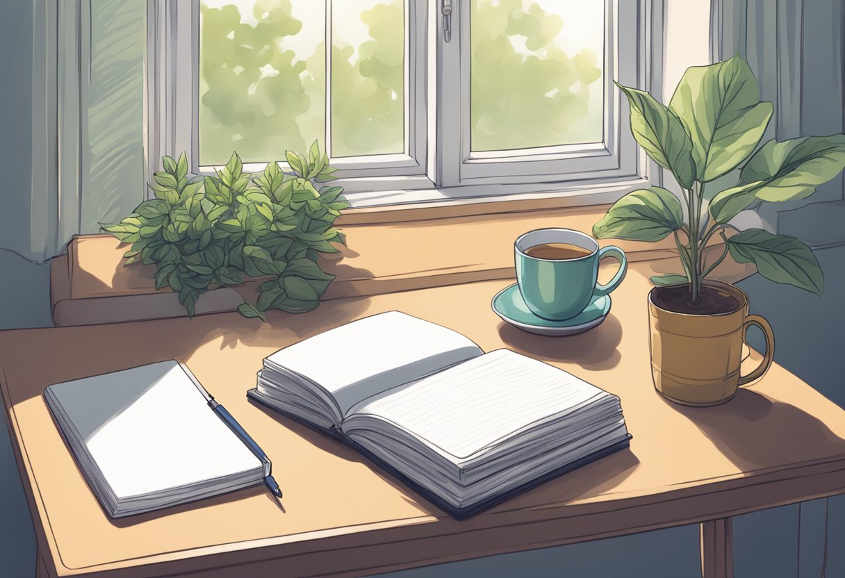 A Desk With A Notebook, Pen, And A Cup Of Tea. A Window Lets In Soft Light, With A Plant On The Sill. A Poster On The Wall Reads &Quot;You Are A Talented Writer.&Quot;