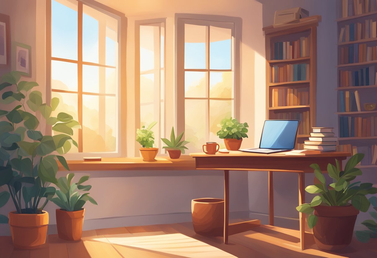 A Cozy Writing Nook With A Desk, Pen, And Notebook. Sunlight Streams Through A Window, Casting A Warm Glow On The Space. A Mug Of Tea Sits Nearby, With A Stack Of Books And A Potted Plant Adding To The Peaceful