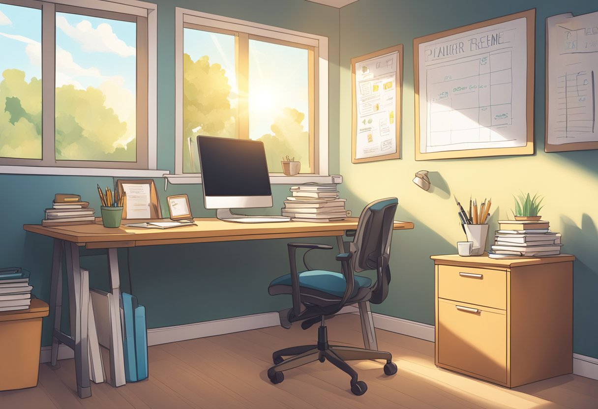 A Clutter-Free Desk With A Notebook, Pen, And A Motivational Poster. A Beam Of Sunlight Highlights The Affirmations Written On The Wall
