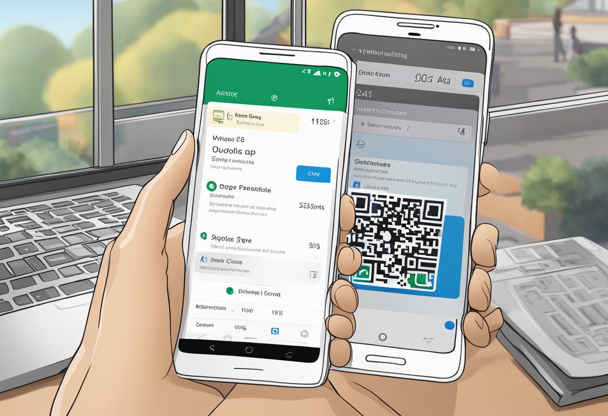 A smartphone screen displaying the Outlook Mobile app open on the home screen. A QR code is prominently displayed in the settings menu