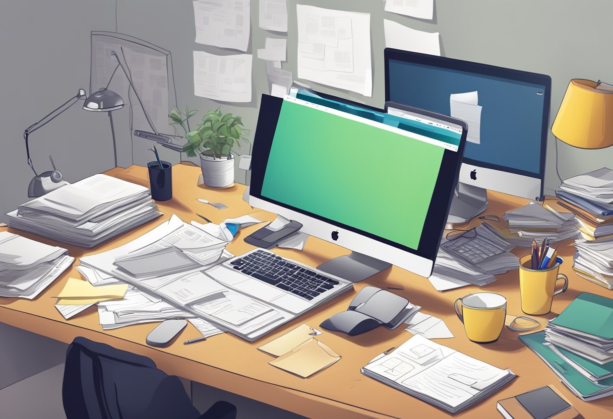 A cluttered desk with a Mac computer, open Outlook app, frustrated expression, and scattered papers