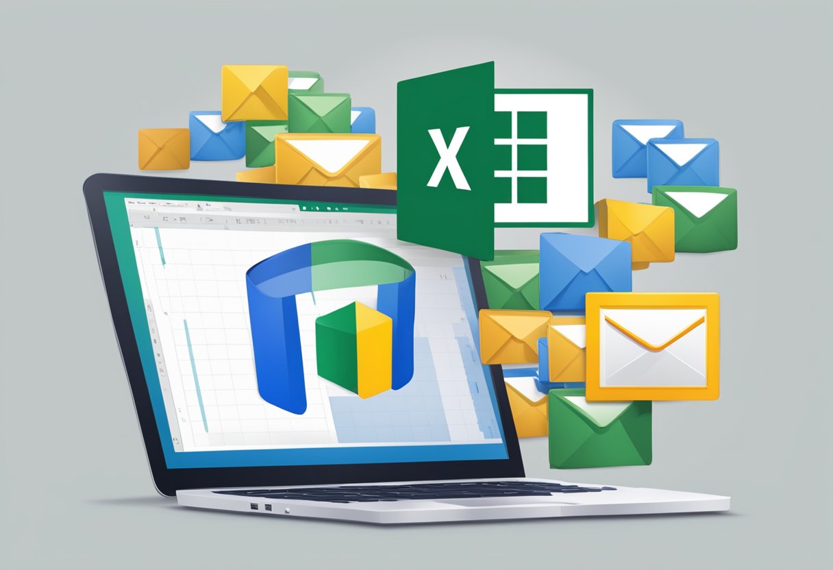 Excel and Outlook icons merging into one, with email symbols flowing from Excel to Outlook