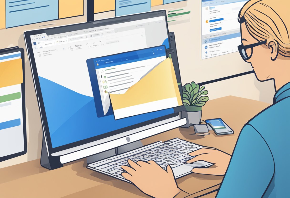 A computer screen displays the process of setting up a shared mailbox in Outlook. The cursor clicks through the steps, showing how to send emails from the shared mailbox