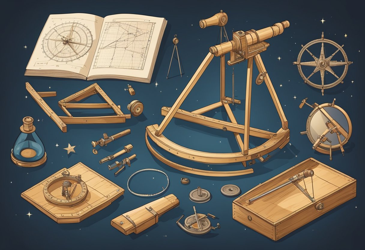 A table with tools: protractor, string, weight, and mirror. A diagram showing how to assemble a homemade sextant. Stars in the night sky