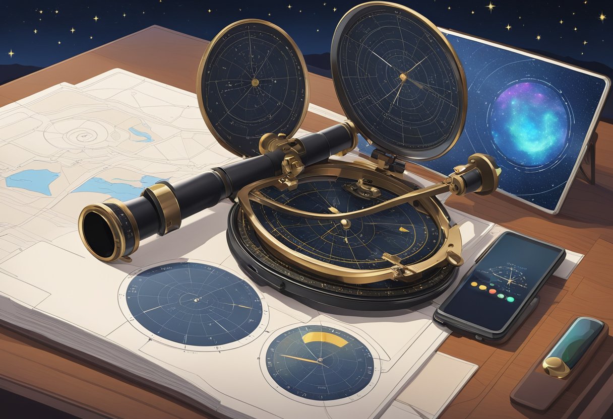 A sleek, modern sextant sits on a polished table, surrounded by high-tech navigation tools. A digital screen displays a starry night sky, while a GPS device and compass lay nearby