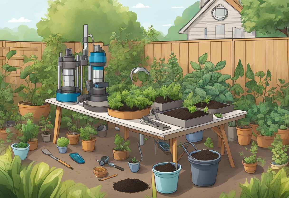 A backyard garden with a variety of plants and soil testing equipment laid out on a table. The soil is rich and healthy, with vibrant greenery all around