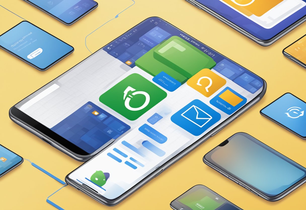 A smartphone screen displays the process of setting up an Outlook profile and removing Outlook for Android. Icons and buttons are visible on the screen