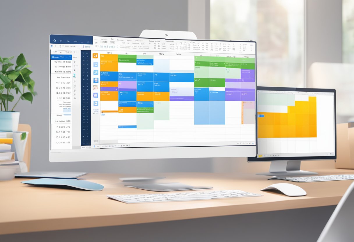 A computer screen with Microsoft Outlook open, showing a calendar view with color-coded blocked out time slots for different activities