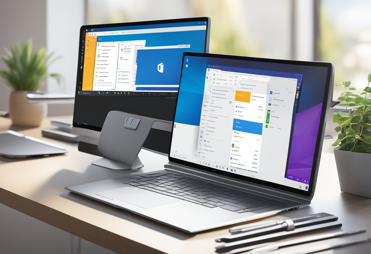 The screen displays two Outlook interfaces side by side. A cursor hovers over a "switch" button. The new interface is modern and sleek, while the old interface is more traditional and familiar