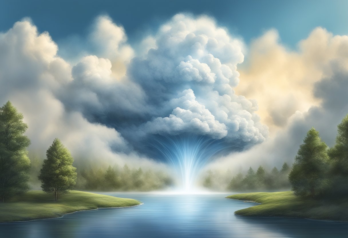 Water vapor rises from a heated water source, condenses into clouds, and falls as rain onto a model landscape
