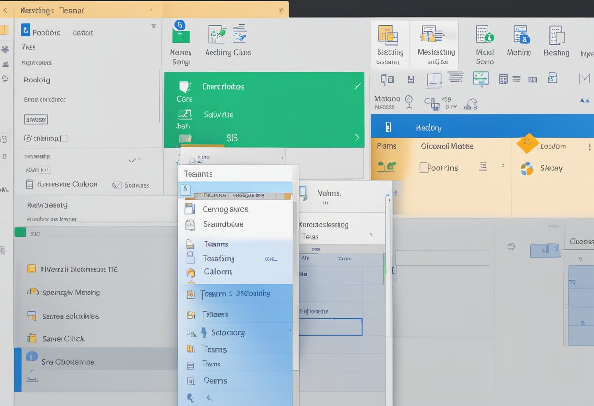 Outlook calendar open, mouse clicks "New Meeting." Options menu, "Teams Meeting" unchecked. Save and close