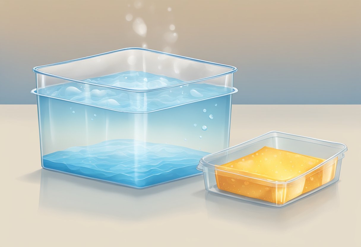 A clear plastic container filled with water, a heat source, and a piece of plastic wrap suspended above the water to represent evaporation and condensation
