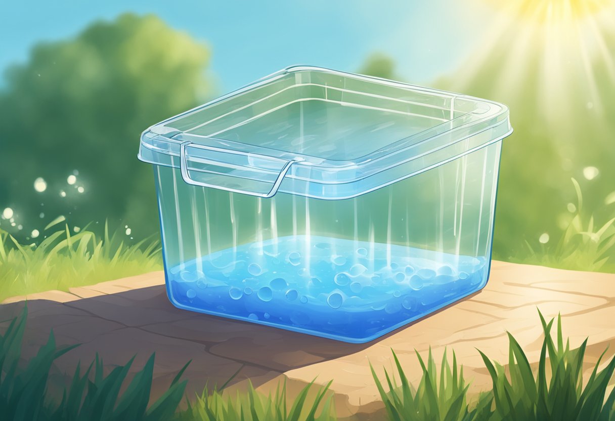 A clear plastic container filled with water sits in a sunny area. The water heats up and begins to evaporate, forming condensation on the sides of the container. Eventually, the condensation drips back down into the water, simulating the water