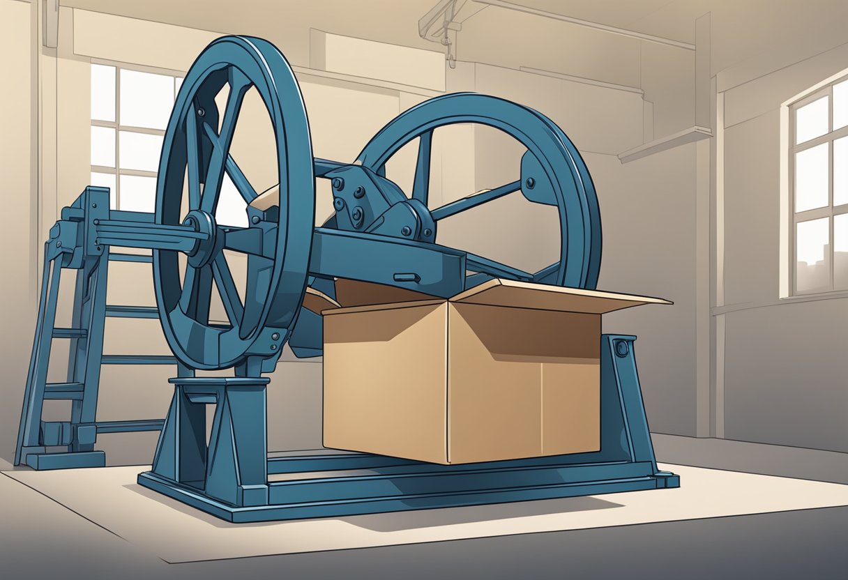 A lever lifts a heavy box onto a wheel and inclined plane
