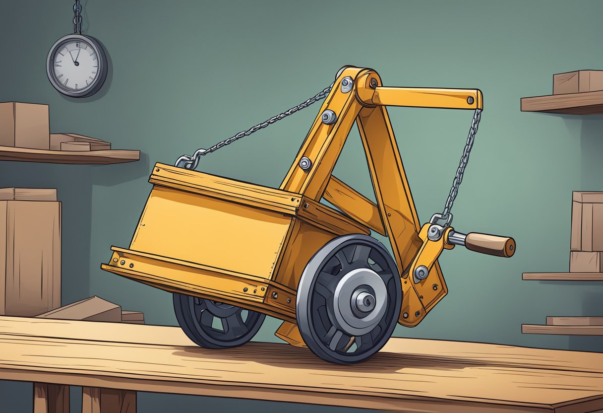 A lever lifts a heavy box onto a wheel and inclined plane