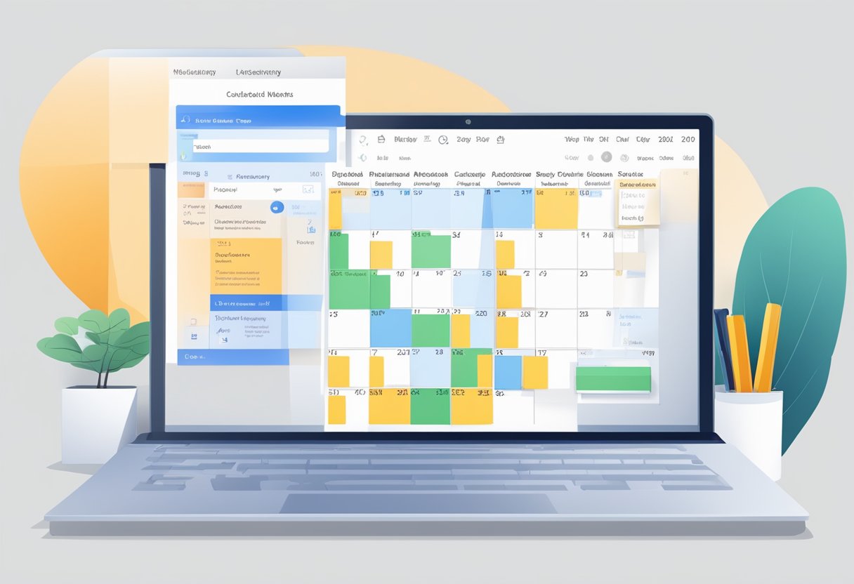 A calendar with a scheduled meeting in Outlook and a pop-up window with options to cancel without notification