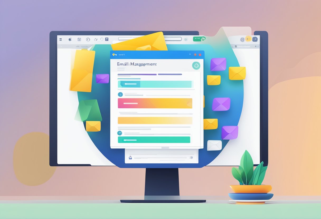A computer screen shows the Outlook interface with a pop-up window asking the user to set up efficient email management