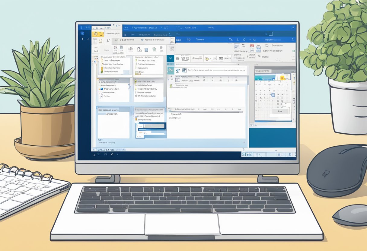 A computer screen showing the Outlook calendar with the "export to PDF" option highlighted. A mouse cursor clicks on the option, and a PDF file is generated