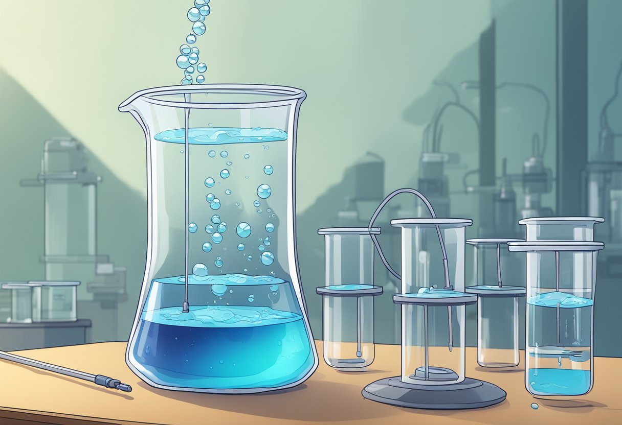 A glass beaker sits on a lab bench, filled with water. Wires connected to a battery dangle over the beaker, with bubbles rising from the submerged electrodes