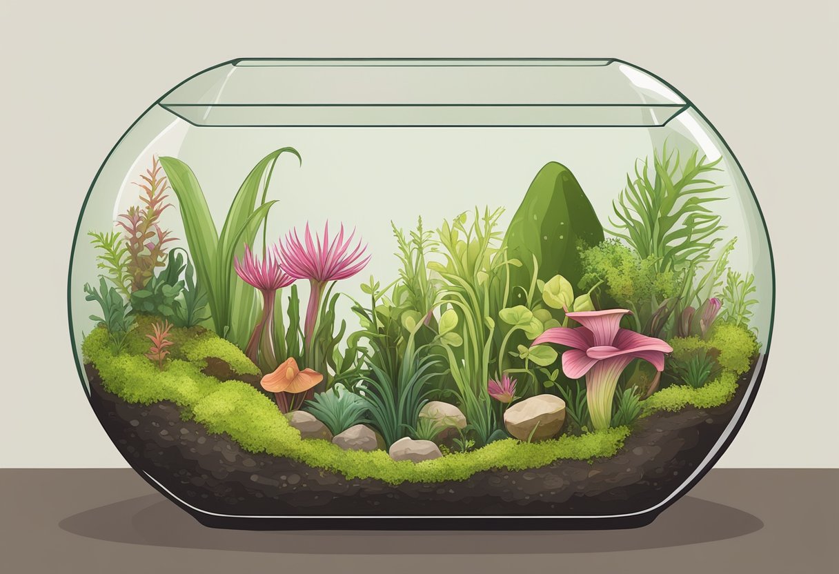 A variety of carnivorous plants arranged in a glass terrarium, with moss and small rocks. The plants are strategically placed to create a diverse and visually appealing ecosystem