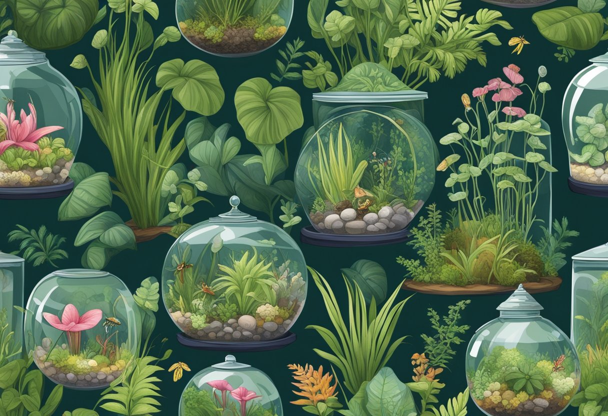 A glass terrarium houses a variety of carnivorous plants, surrounded by lush greenery and small insects. The plants thrive in their self-contained ecosystem, providing a unique and fascinating display of natural adaptations