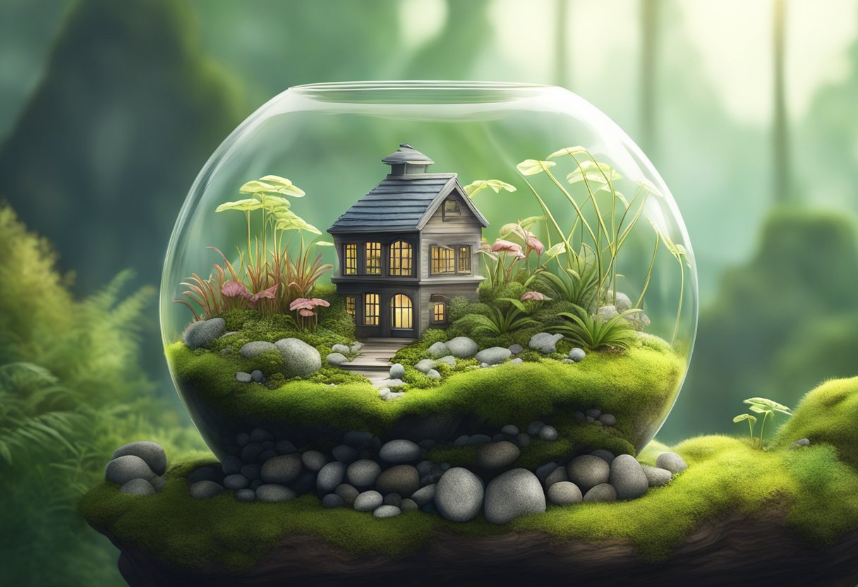 A glass terrarium houses dormant carnivorous plants, surrounded by moss and small stones. The plants' unique adaptations for catching prey are visible, creating a mini ecosystem