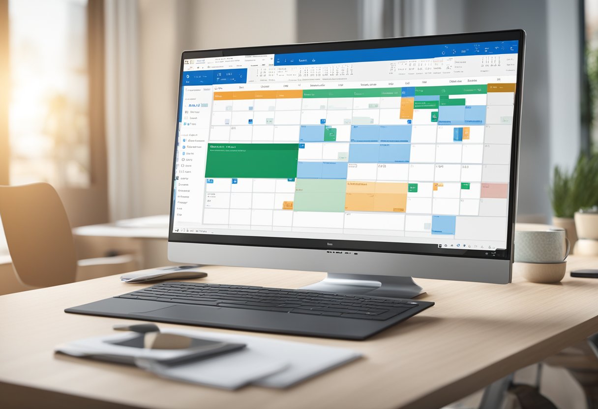 A computer screen displays the Outlook 365 interface with a calendar view. The user hovers over an event to reveal its creation date