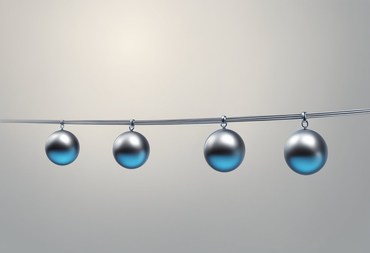 Metal balls suspended on strings, arranged in a straight line. One ball is pulled back and released, transferring momentum through the others
