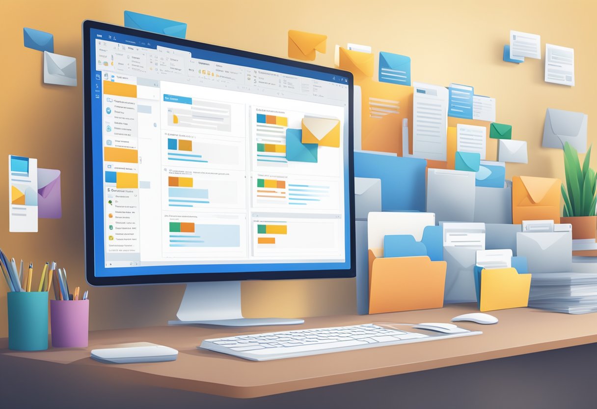 A computer screen displaying Microsoft Outlook with emails being organized into folders and subfolders