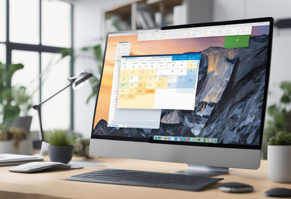 A computer screen displays the Outlook calendar with a highlighted event. The date and time stamp of the event creation is visible at the top of the screen