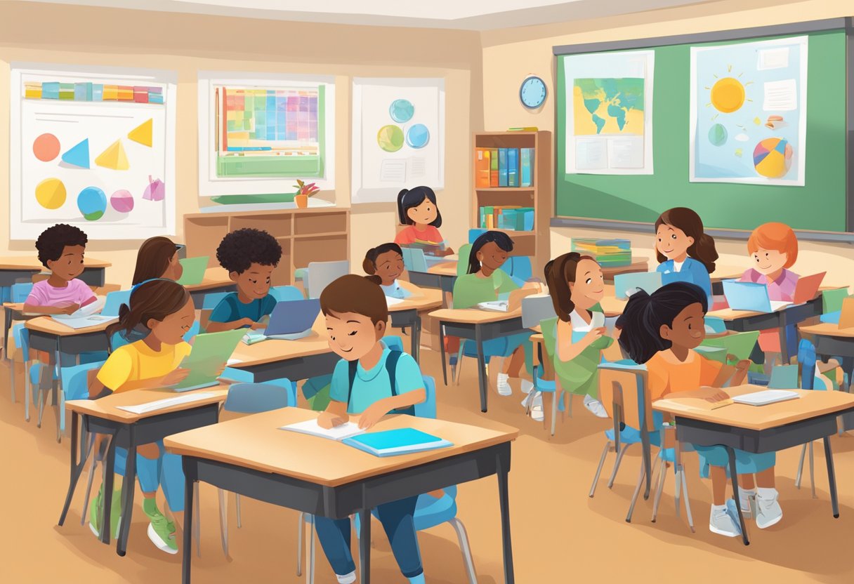 A classroom with diverse learners engaged in various activities, with personalized materials and technology to support individual needs