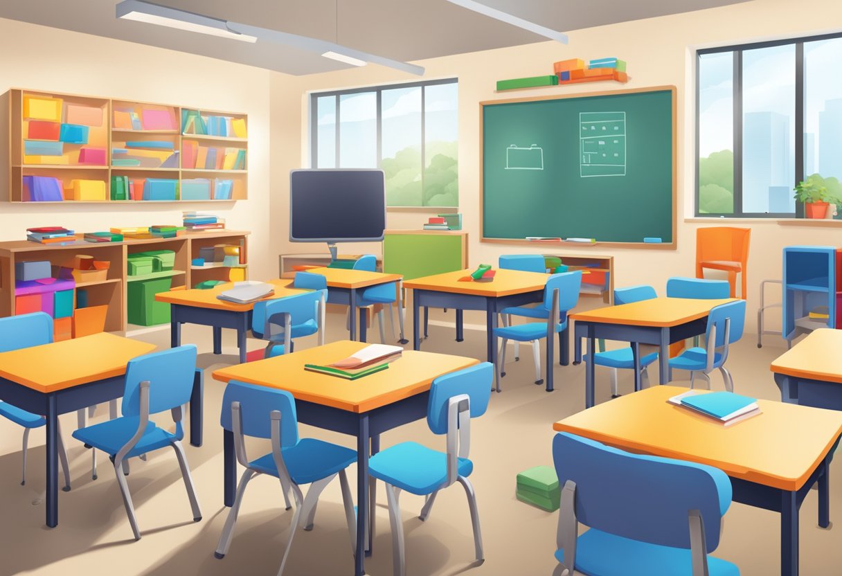 A diverse classroom with various learning materials and tools, such as visual aids, manipulatives, and technology, arranged to accommodate different student needs and abilities