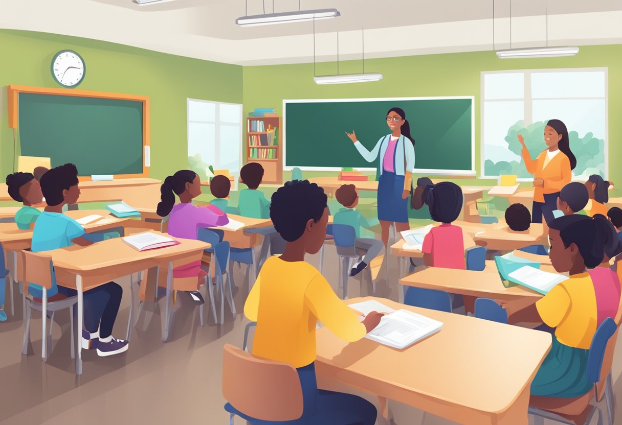 A classroom with diverse students engaged in various activities, while the teacher uses different instructional strategies to meet individual learning needs