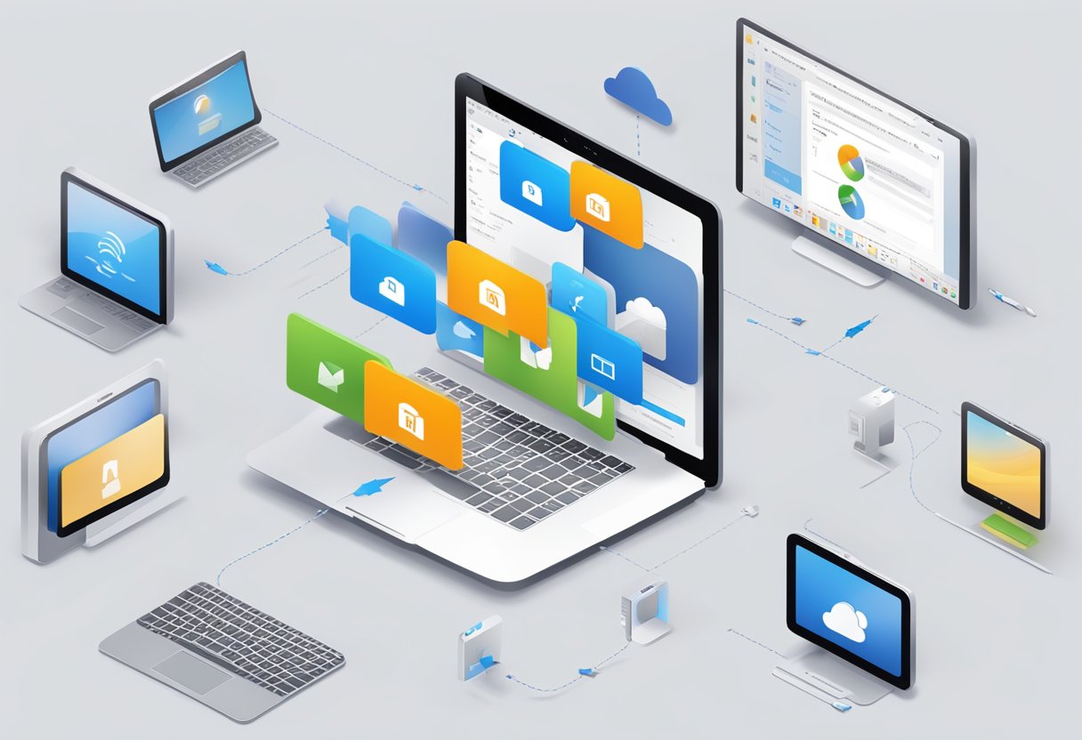 Devices with Outlook open, iCloud settings on screen. Arrows move contacts from Outlook to iCloud